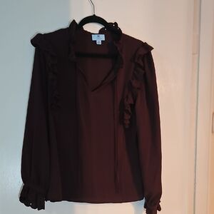 CeCe Deep Burgundy Ruffle Long Sleeve Blouse